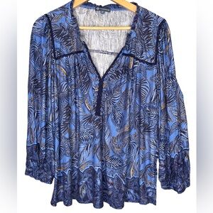 Democracy Blue Leaf Print V-Neck Long Sleeve Blouse XXL